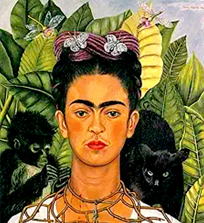 Frida Kahlo with monkey and black cat